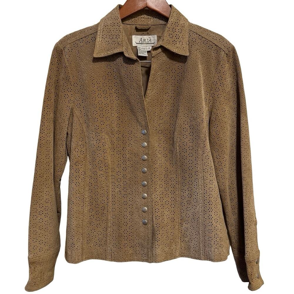 Aria VINTAGE 100% Leather lining Snap button Shirt Jacket Blazer M Medium eyelet